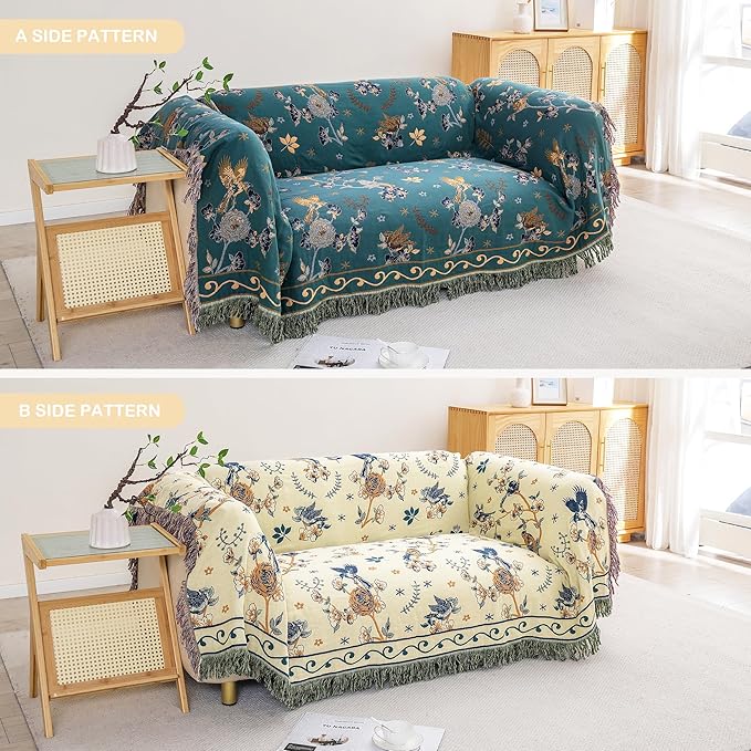 Boho 100% Organic Cotton Muslin Large Throw Blanket 60" x 80" - All Season Rustic Ultra Soft Breathable Floral Bird Blanket for Bed Sofa Couch Chair Bedspread Quilt Gift,-Teal/Green