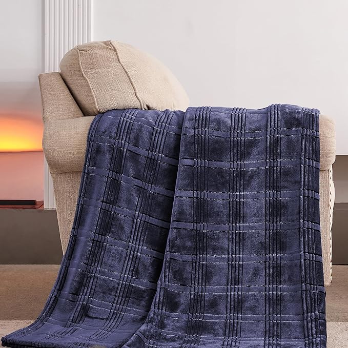 Super Soft Flannel Throw Blanket 50x60 Inches, Premium Checkered Jacquaed Silky Fleece Lightweight Bed Blanket All Season Use, Dark Blue-1, 50"x60"
