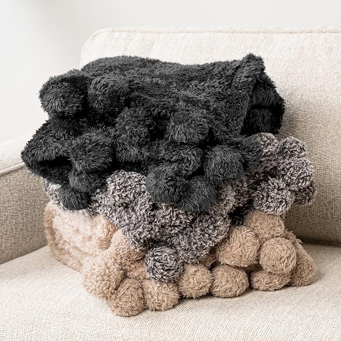 Pavilia Sherpa Throw Blanket - Warm Plush Fuzzy Pom Pom Blanket for Couch, Bed, Twin Size, Black - 60x80
