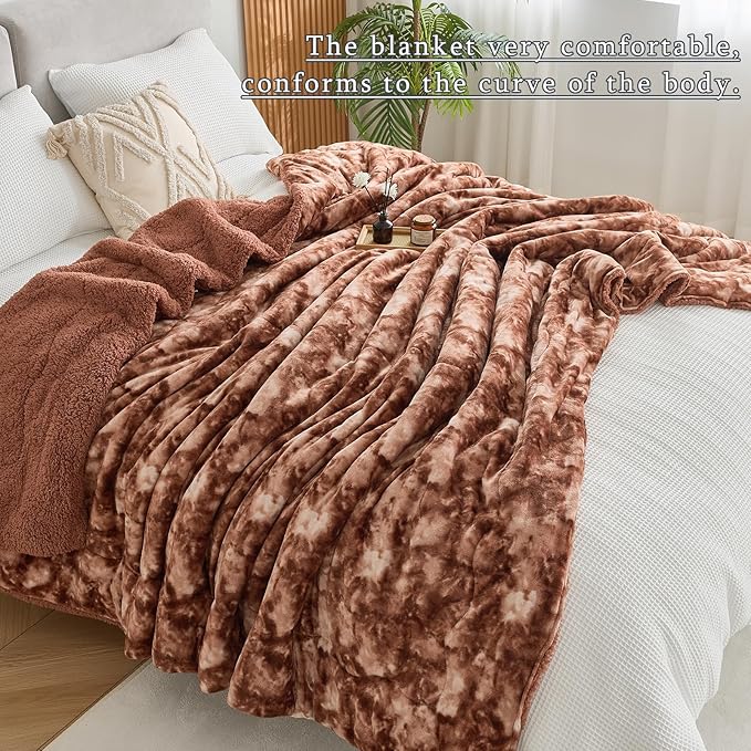 CHOSHOME Sherpa Fleece Blanket- Thick Warm Blanket for Winter, Soft Fuzzy Plush Blanket for Bed, Couch, Travel (Tie Dye Brown, Cal King 96" x 102")
