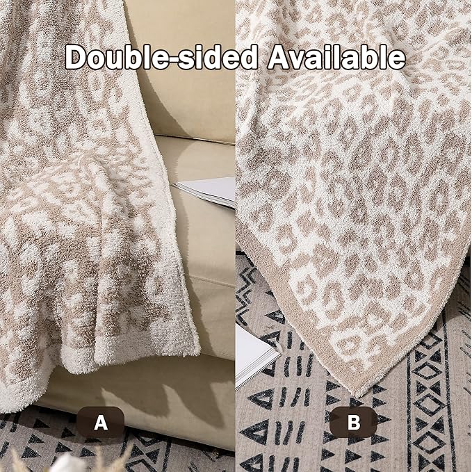 bearberry Fuzzy Leopard Knitted Throw Blanket Soft Cozy Warm Microfiber Blanket for Couch Sofa Bed Travel (Stone/Cream, 40"x50")