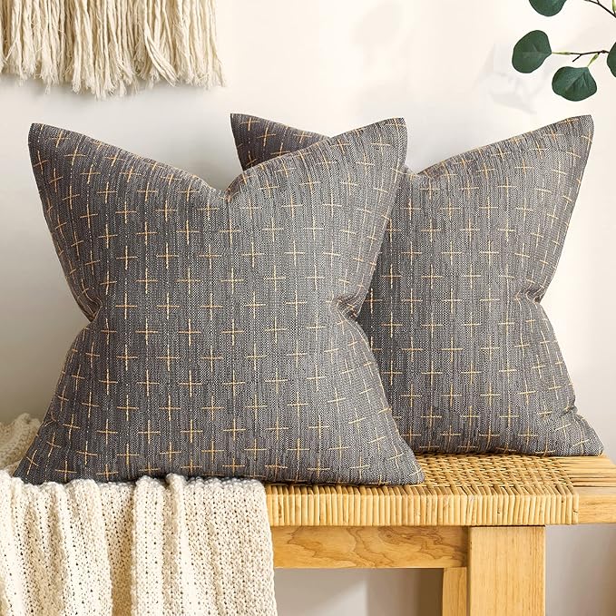 MIULEE Pack of 2 Decorative Burlap Linen Throw Pillow Covers Modern Farmhouse Pillowcase Rustic Woven Textured Cushion Cover for Sofa Couch Bed 16x16 Inch Dark Grey