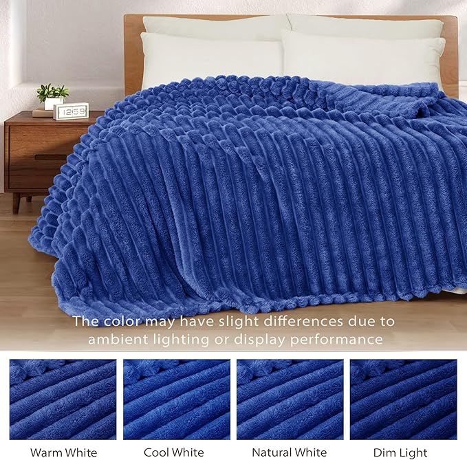 Exclusivo Mezcla Fleece Throw Blanket for Couch, Super Soft Striped Jacquard Bed Blanket, Lightweight Fuzzy Cozy for All Seasons, 50x60 Inches, Cobalt Blue