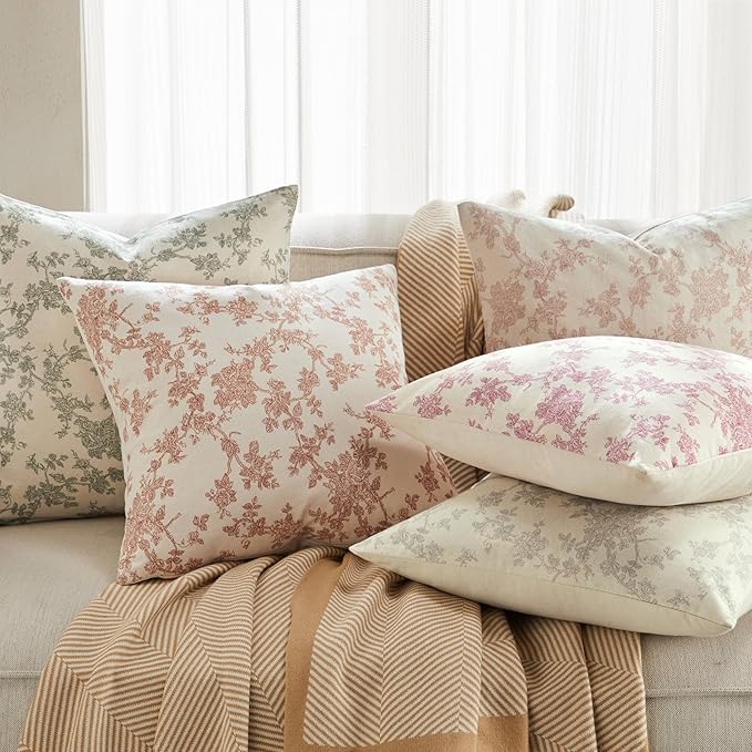 100% Cotton French Pastoral Throw Pillow Covers Set of 2, 20x20 Inch Terracotta Farmhouse Decorative Cushion Covers for Sofa Bed Living Room Home Decor