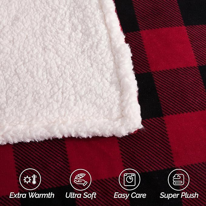 Elegant Comfort Ultra Soft Reversible Buffalo Plaid Flannel Sherpa Blanket - Cozy Silky Checkered Fleece Throw for Couch, Bed - Plush Fuzzy Warm Winter Blanket for Gift, King, Burgundy