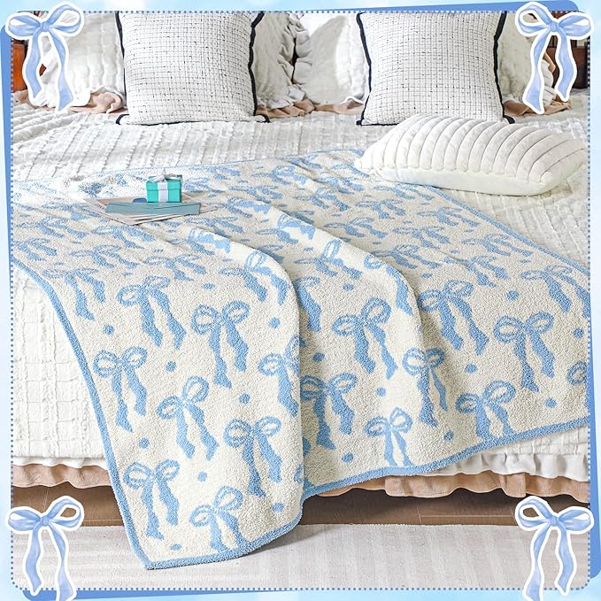 Buryeah Blue Bow Blanket Soft Microfiber Double Sided Bow Throw Blanket 50"x 60" Coquette Aesthetic Plush Bedding Stuff Sofa Chair Dormitory Room Decor for Women, Wedding Bridesmaid Gifts, Mother