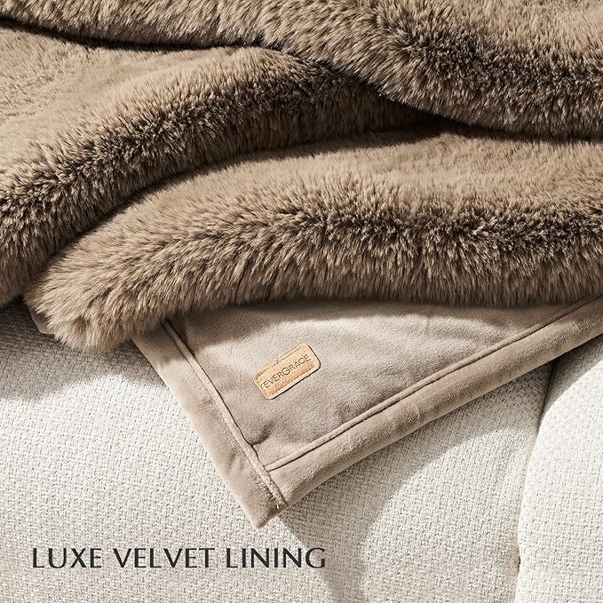 EVERGRACEHOME Luxury Soft Faux Chinchilla Fur Throw Blanket for Couch, Warm Thick Heavy Winter Throw Blanket 1220GSM for Bed, Fluffy Cozy Mink Blanket with Reversible Velvet, Tawny Mink, 60"x80"