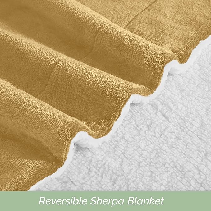 Elegant Comfort Ultra Soft Reversible Flannel Sherpa Blanket - Cozy Silky Fleece Throw for Couch, Bed - Plush Fuzzy Warm Winter Blanket for Gift, Full, Gold