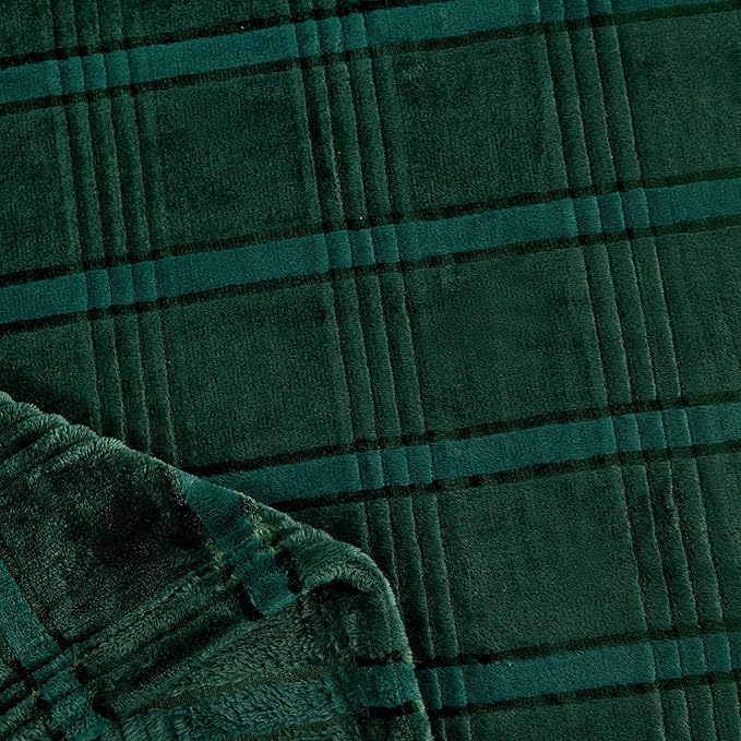 Super Soft Flannel Queen Blanket 90x90 Inches, Premium Checkered Jacquaed Silky Fleece Lightweight Bed Blanket All Season Use, Dark Green Strip, 90"x90"