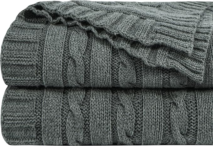 NTBAY 100% Pure Cotton Oversize (60x80) Cable Knit Throw Blanket, Super Soft Warm Knitted Bed Blanket for Bed, Sofa, Chair, Couch - Extra Cozy, Machine Washable, Comfortable Home Decor, Grey and White