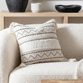 BlissBlush 18X18 Throw Pillow Cover, Cream Neutral Square Decorative Cushion Cover with Black Pattern, Boho Accent Pillowcase with Tufted Details and Tassels for Couch Sofa Living Room (Cover Only)