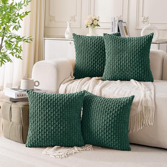 Set of 4 Dark Green Decorative Throw Pillow Covers 16x16 Inch Corduroy Pillow Covers for Bed Couch Sofa Living Room Soft Square Cushion Cases