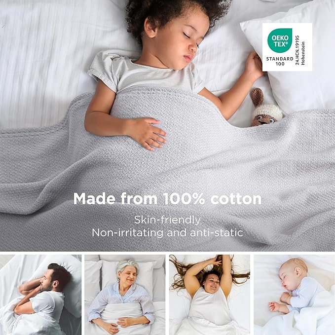 Bedsure GentleSoft 100% Cotton Blanket King Size for Bed - Breathable and Lightweight, Soft Cozy Textured Herringbone Woven Blanket for Summer Spring, Cool Grey, 108x90 inches