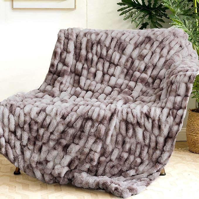 Ultra Soft Luxury Faux Fur Throw Blanket for Couch, Fuzzy Fluffy Plush Warm Cozy Ruched Blanket for Sofa Bedroom Living Room, Elegant Gift Idea for Women (50"x60",Tie-dye Taupe)