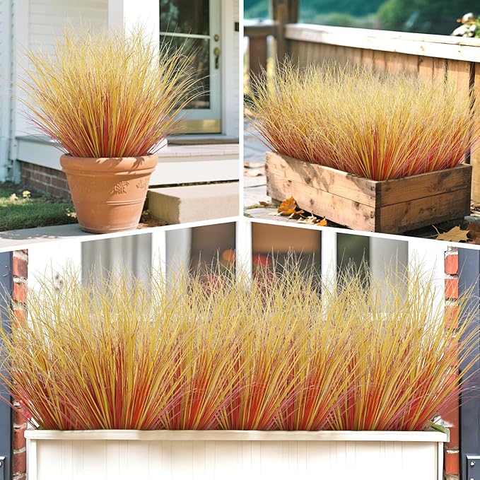 24 Bundles Artificial Fall Plants Outdoor Fake Shrubs Autumn Wheat Grass 20 Inch Fall Greenery Stems Tall Onion Grass UV Resistant Faux Bushes Plant for Garden Farmhouse Thanksgiving Fall Decor