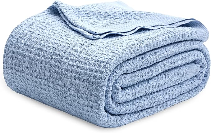 Bedsure Gentlesoft 100% Cotton Blanket Queen Size for Bed - Cooling Breathable and Soft for Spring Summer, Thick Cozy Waffle Weave Blanket Gifts for Women, Sky Blue, 90x90 Inches