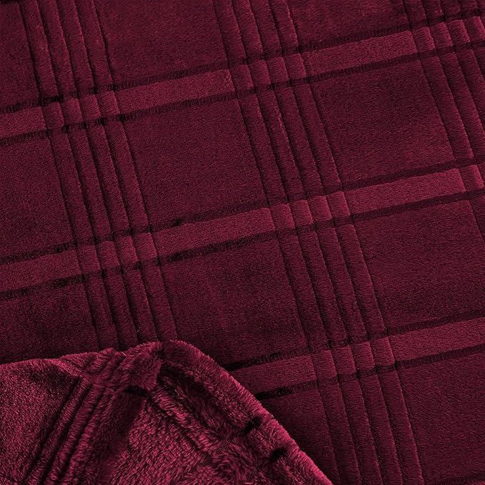 Super Soft Flannel Throw Blanket 50x60 Inches, Premium Checkered Jacquaed Silky Fleece Lightweight Bed Blanket All Season Use, Burgundy Strip, 50"x60"