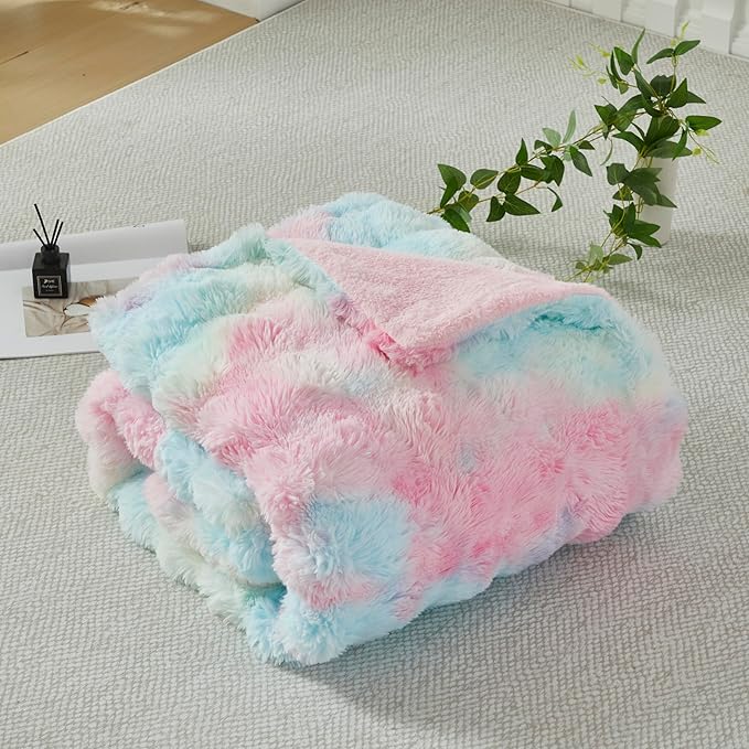 Faux Fur Throw Blanket for Couch Cozy Fuzzy Soft Plush Thick Fluffy Fleece Bubble Blanket for Sofa Bedroom Living Room, 63x79 Inches Rainbow