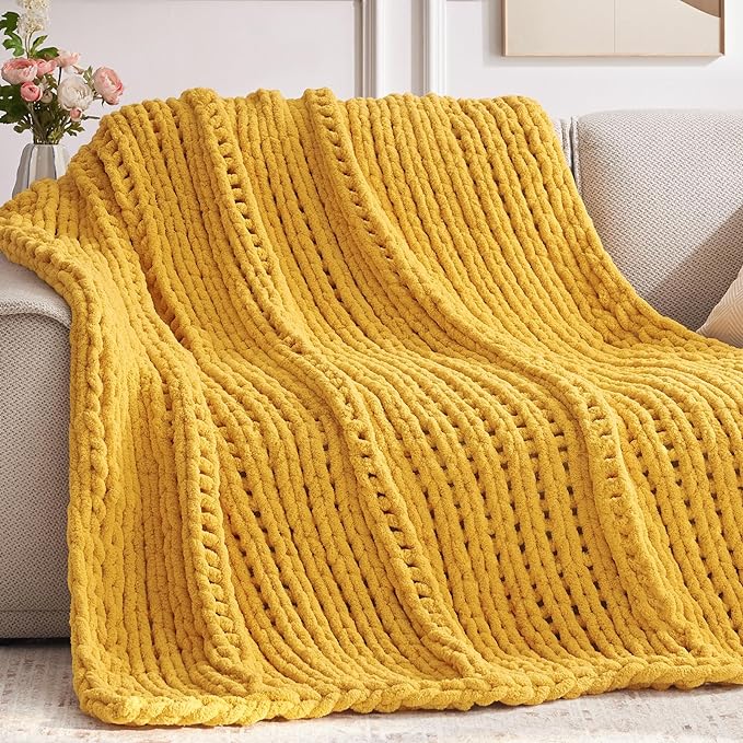 Chunky Knit Throw Blanket, 80''*90'' Knitted Throw Chenille Yarn for Bed Couch, Handmade Yellow Crochet Big Thick Blanket, Machine Washable Cute Comfy Blanket for Home Decor
