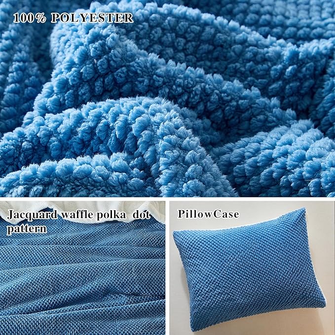 Luxury Flannel Fleece Sherpa Blankets Twin Size for Bed, Jacquard Boho 3-Layer Thick and Warm Blanket for Winter, Soft Cozy Fuzzy Plush Velvet Blanket with 2 Pillow Cases, Blue, 68x86 Inches