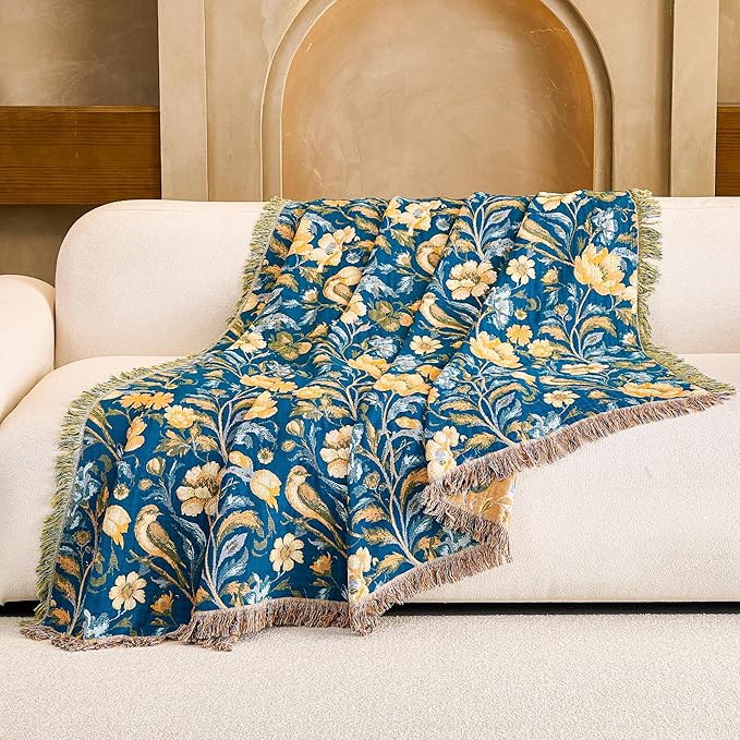 Boho Throw Blanket, 100% Organic Cotton Breathable Ultra Soft 80" x 90" Bed Quilt Throw - All Season Floral Rustic Farmhouse Decor Luxury Reversible Blanket for Sofa Couch Chair and Gift