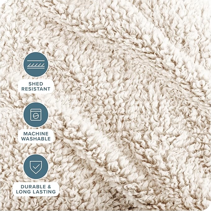 Bare Home Faux Shearling Blanket - Throw Size - Blanket for Bed, Sofa, Couch, Camping, Travel, and Gifts - Warm & Lightweight - Fluffy & Soft (Throw, Tipped Oyster)