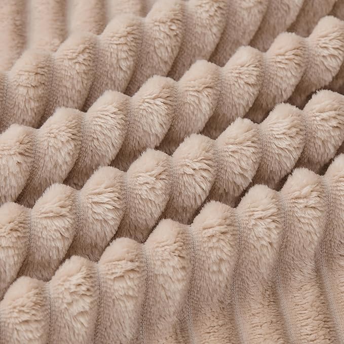 Bnuitland Fleece Throw Blanket, 300GSM Soft Warm Cozy Fluffy Throw for Babys & Pets, Stripe Pattern, All Season Sofa Bed Blanket for Home Decor, Light Camel 60"x80"