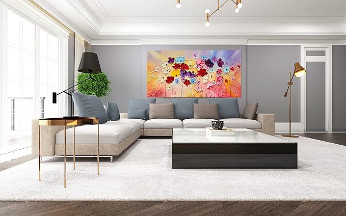 SYGALLERIER Colorful Floral Canvas Wall Art Hand Painted 3D Flower Artwork Frameds Modern Abstract Landscape Painting Textured Flower Pictures for Living Room Bedroom Bathroom Decor