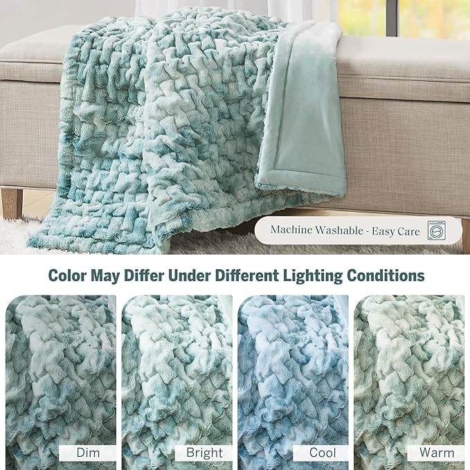 Madison Park Faux Fur Throw, Luxurious Ruched Texture, Fuzzy Warm, Plush Mink-Like Reverse, All Season, Lightweight & Cozy Blanket-Throw for Sofa, Couch, Living Room & Office 50" x 60" Blue Tie Dye