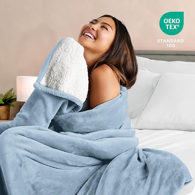 Bare Home Sherpa Fleece Blanket - Full/Queen Size - Blanket for Bed, Sofa, and Couch - Warm & Lightweight - Fluffy & Soft - Reversible (Full/Queen, Light Blue)