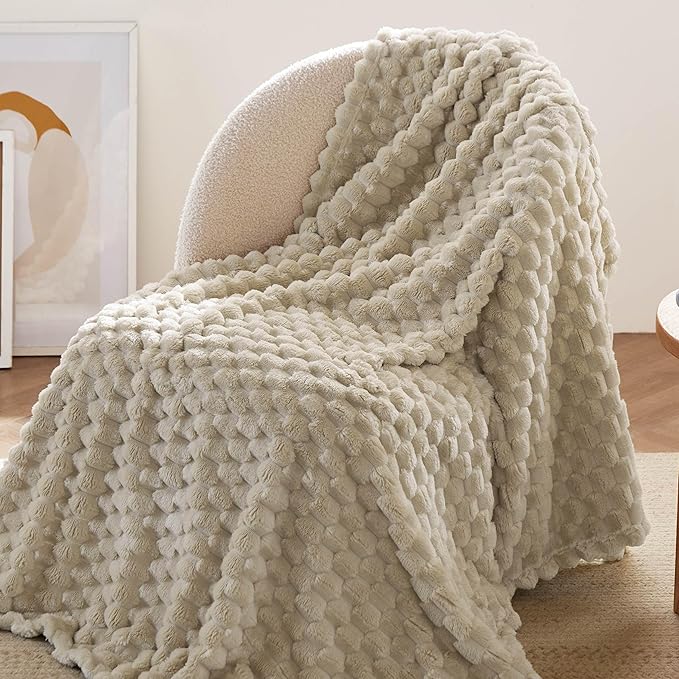 Bedsure Large Throw Blanket for Couch - 350GSM Fluffy Plush Bubble Blanket for Bed Home Room Decor, GentleSoft Cute Fleece Soft Cozy Gifts for Women Girls, Beige, 50x70 Inches