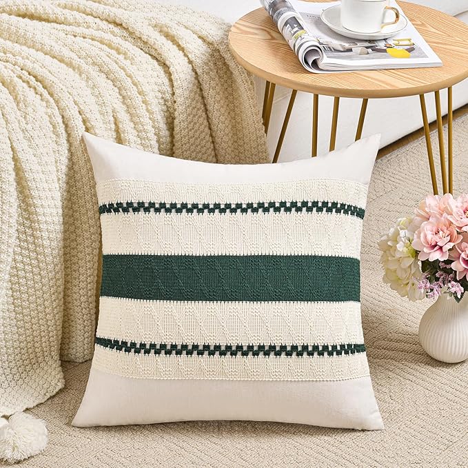 Fancy Homi Set of 2 Dark Green Boho Decorative Throw Pillow Covers 16x16 Inch for Couch Bed Sofa Bedroom Indoors, Modern Farmhouse Vintage Forest Green Living Room Decor