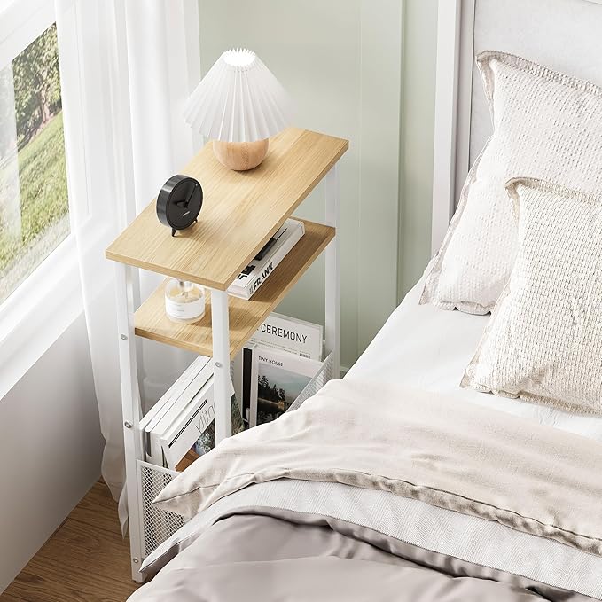 Narrow Side Table with Storage Basket Skinny End Tables for Smalls Spaces 3 Tier Sofa Table Small Nightstand Slim Bedside Table for Living Room Bedroom Natural Wood MLBZ22Y