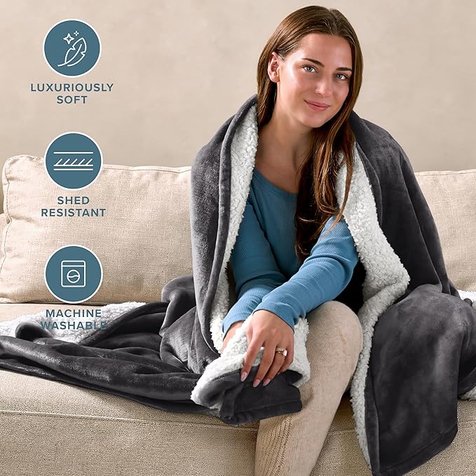 Bare Home Sherpa Fleece Blanket - King Size - Blanket for Bed, Sofa, and Couch - Warm & Lightweight - Fluffy & Soft - Reversible (King, Forged Iron Grey)
