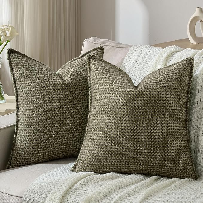 FUTEI Olive Green Decorative Throw Pillow Covers 22x22 Inch Set of 2,Soft Houndstooth Gingham Textured Cushion Case,Modern Home Decor for Couch Bed Living Room