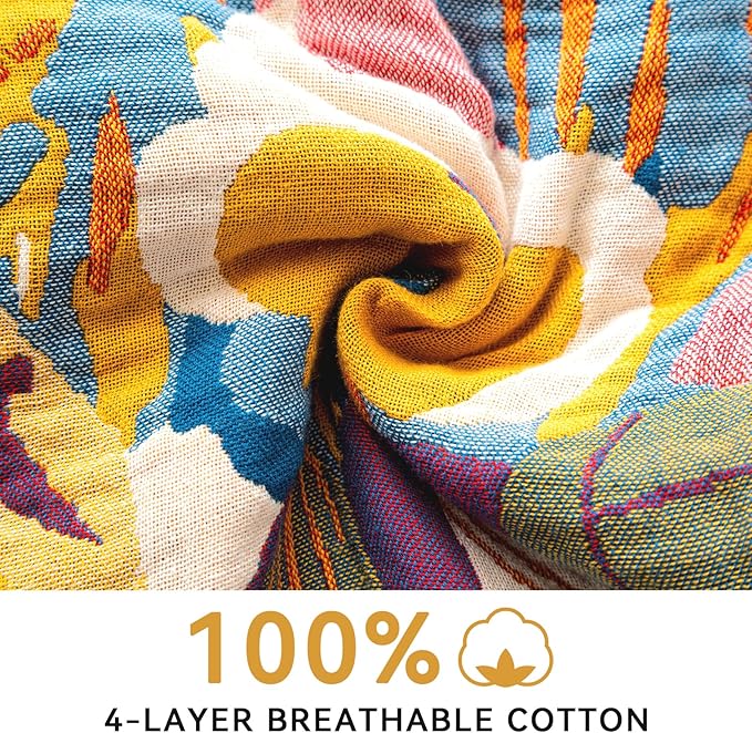 Boho Throw Blanket for Bed 50"x60", 100% Soft Cotton Bohemian Blankets with Rustic Floral Printed Decor, Spring Throw Blanket for Couch Cozy Breathable King Size All Season