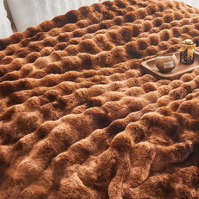 EMME Faux Fur Blanket Queen Size Tie Dye Dark Brown - Big Bubble Rabbit Cozy Blanket for Couch, Thick Furry Plush Shaggy Blankets, 650GSM, 90x90 Inches