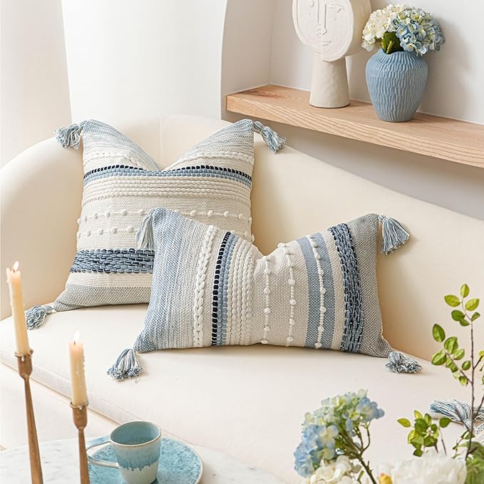 BlissBlush Coastal Blue Boho Decorative Throw Pillow Cover 18x18 Modern Bohemian Accent Pillow Case Square Woven Textured Farmhouse Pillows for Couch Bed (Pack of 1)