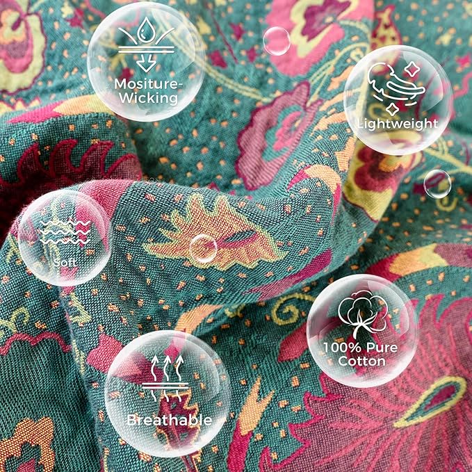 Boho Throw Blanket for Bed 100% Cotton Soft Quilt Home Livingroom Decor Spring Bed Blankets,Floral Reversible All Season Breathable Throw for Sofa Couch Chair 80"x90"