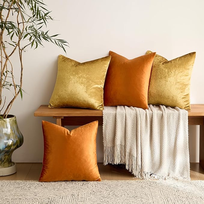 GIGIZAZA Pillow Covers 16x16 Set of 4,Gold Orange Velvet Soft Pillow Covers Decorative Square Modern Pillows Cushion Cases for Living Room