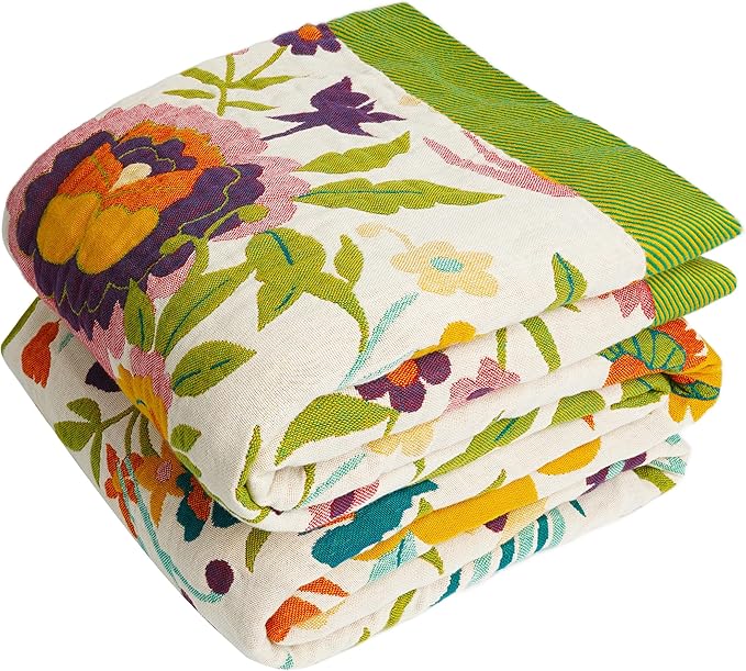 Boho Throw Blanket, 100% Organic Cotton Breathable Ultra Soft 91" x 108" King Bed Quilt Throw - All Season Floral Rustic Farmhouse Decor Luxury Blanket for Sofa Couch Chair and Gift