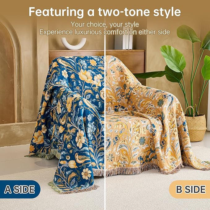 Boho Throw Blanket, 100% Organic Cotton Breathable Ultra Soft 60" x 80" Bed Quilt Blue Throw - All Season Bird Floral Rustic Farmhouse Decor Reversible Blanket for Couch Chair and Gift