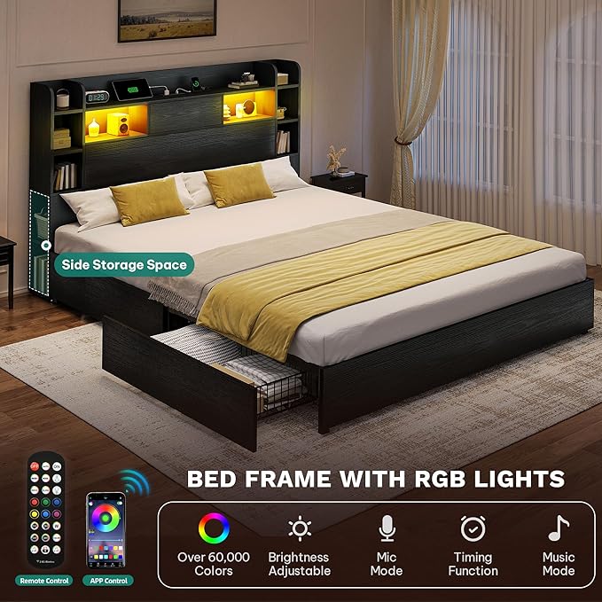 DWVO King Size Bed Frame with Bookcase Headboard and 4 Storage Drawers, RGB LED Bed Frame with Type-C & USB Charging Station Storage Headboard Beds, No Box Spring Needed, Noise Free, Black
