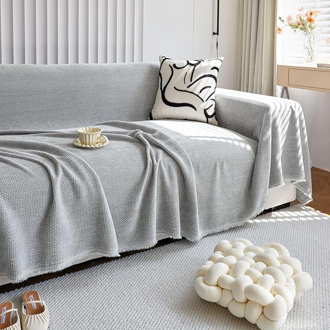 HANDONTIME Grey Modern Sofa Covers Corduroy Jacquard Couch Cover Blanket Gray Couch Cover for Kids Living Room Chenille Couch Covers for Sectional Sofa L Shape Soft Couch Covers for Sofa, 71" X134"