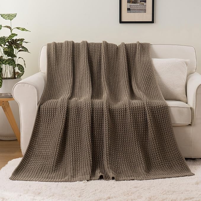 Bunnikins & Clover Knitted Waffle Throw Blanket 60x80 Inches, Camel Tan Throw Blanket for Couch, Tan Blanket Fluffy Cozy Knit Soft Throws for Women Mothers Birthday Gifts