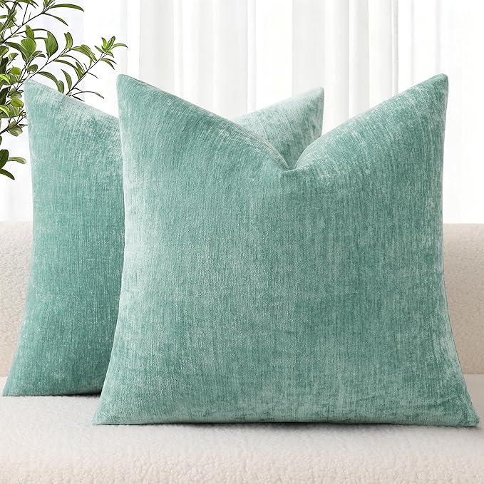 decorUhome Chenille Aqua Haze Throw Pillow Covers 22x22 Inch Set of 2, Decorative Soft Couch Pillow Covers Solid Dyed Accent Farmhouse Neutral Square Pillow Cases for Sofa