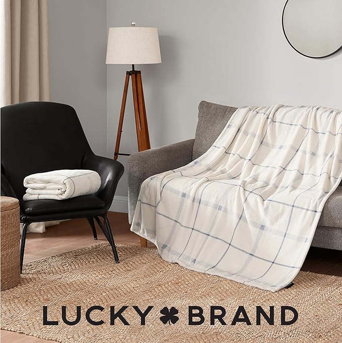 Lucky Brand Palmdale White with Light Blue Plaid 50"x70" Cozy Plush Blanket - Premium Microfiber Throw for Luxurious Comfort
