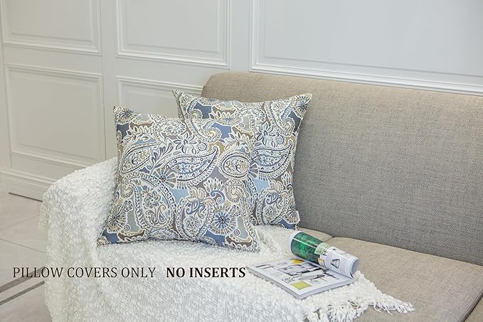 Mika Home Pack of 2 Throw Pillow Covers Decorative Pillow Shells for Sofa Couch, Paisley Pattern, 22x22 Inches,Blue Brown Cream Multicolor