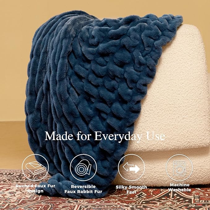 Faux Fur Blanket, Twin Size Oversized Throw Blanket for Couch, Fluffy Blanket with Stretch Ruched Design, Ultra Soft Giftable Home Decor, 60x80 inches, Blue