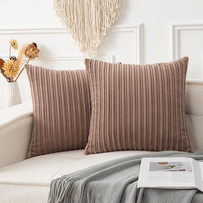 UGASA Soft Velvet Stripe Decorative Pillow Covers Set of 2 Solid Corduroy Textured Euro Cushion Cases for Couch Bedroom Sofa Farmhouse, 18x18 Inch, Light Brown